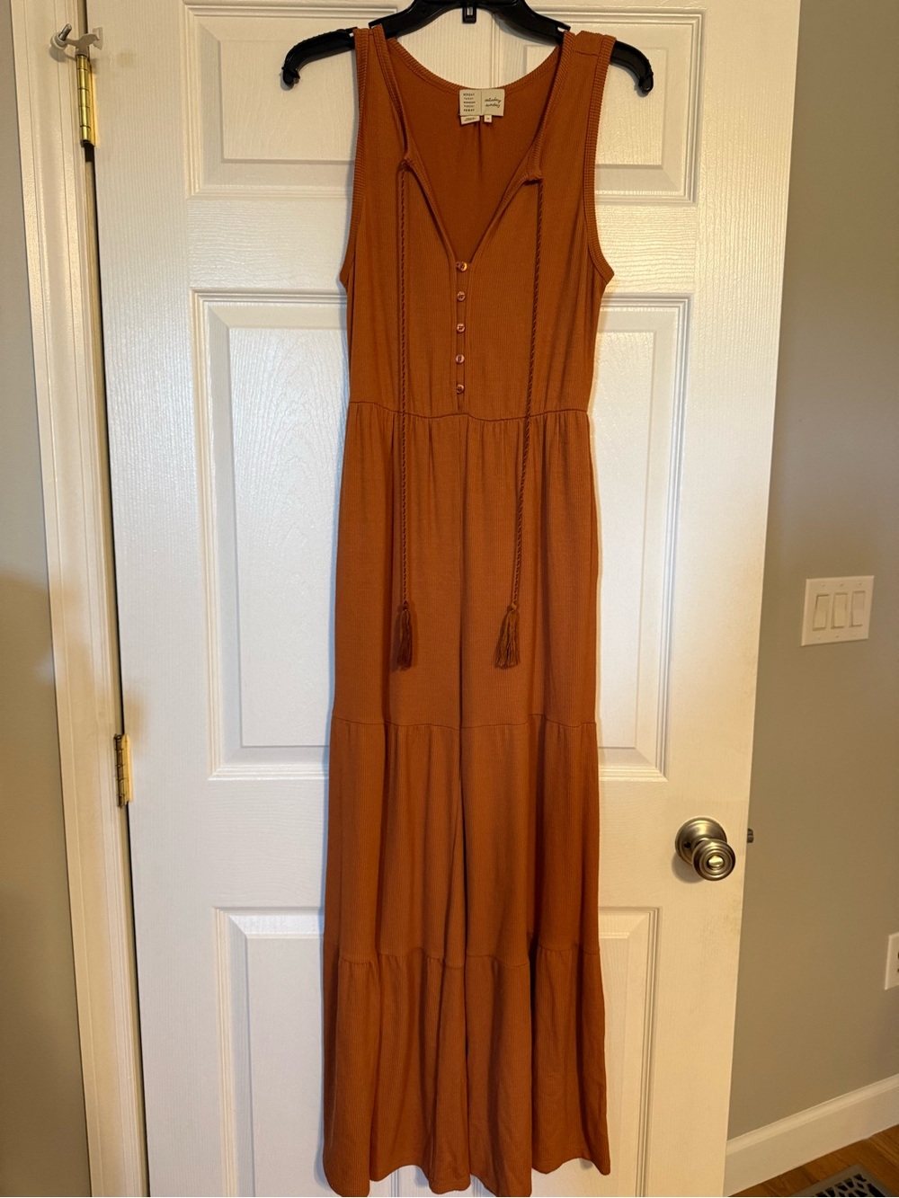 Sleeveless Rust Tiered Maxi Jumpsuit with Tassel Tie